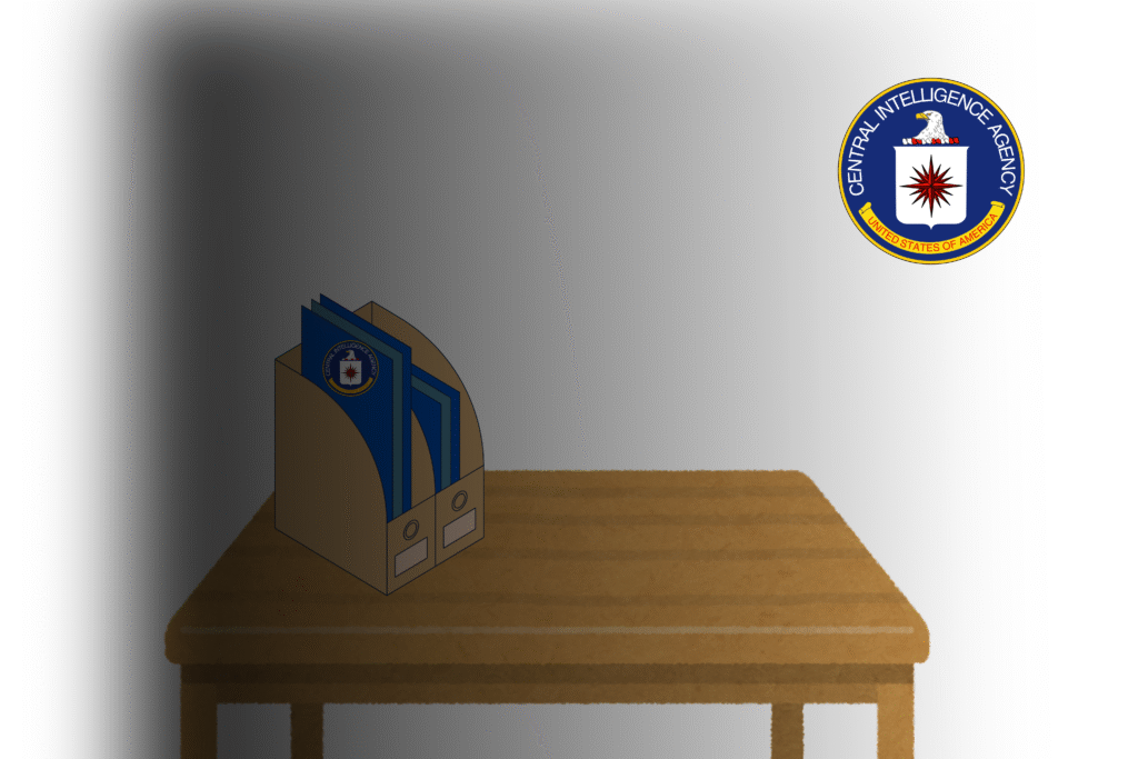 Top secret file CIA logo spy desk government documents dark shadows