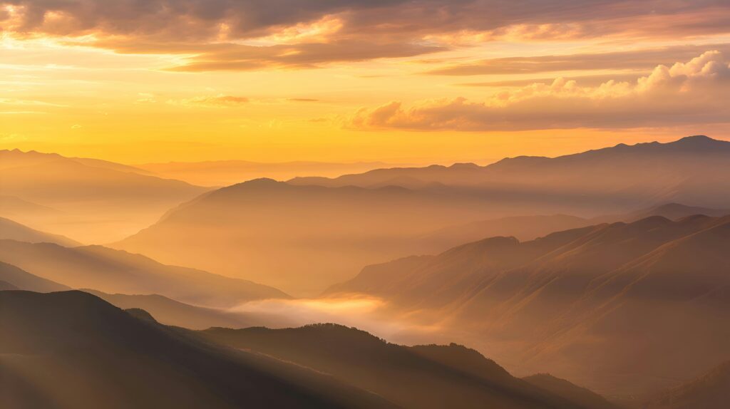 Golden sunset over misty mountains