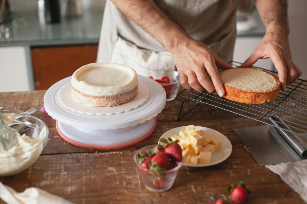 Baking process with cake and ingredients