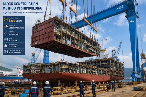 $200 Million Ship Construction Process giant ship block construction in modern shipyard
