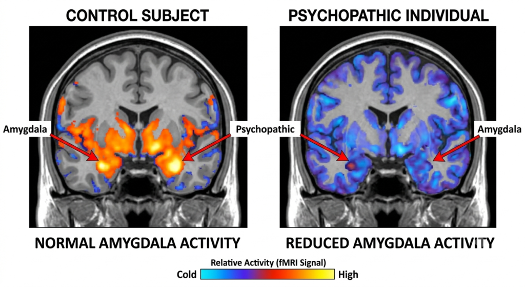 MRI comparison showing reduced amygdala activity in psychopathy
