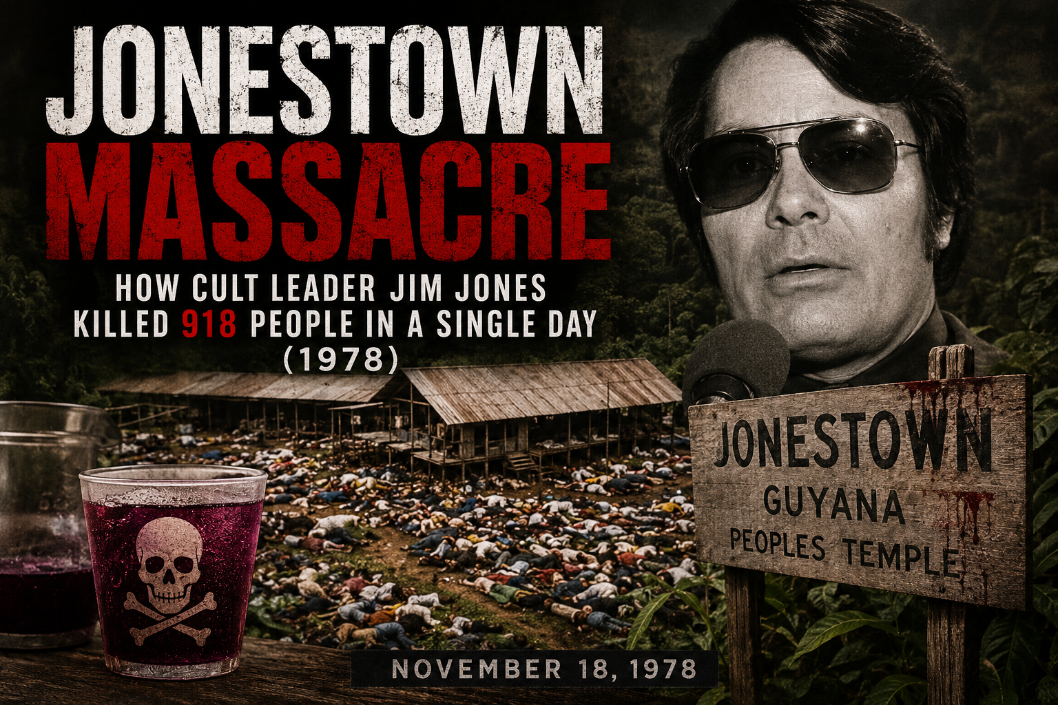 Jonestown Massacre featured image showing Jim Jones, the Peoples Temple in Guyana, and the 1978 cult tragedy that killed 918 people