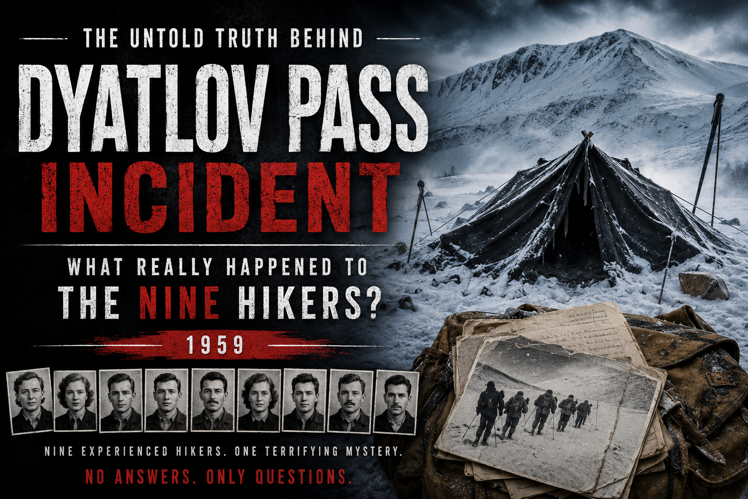 The Dyatlov Pass Incident feature image showing the abandoned tent, snowy Ural Mountains, and the nine Soviet hikers in 1959