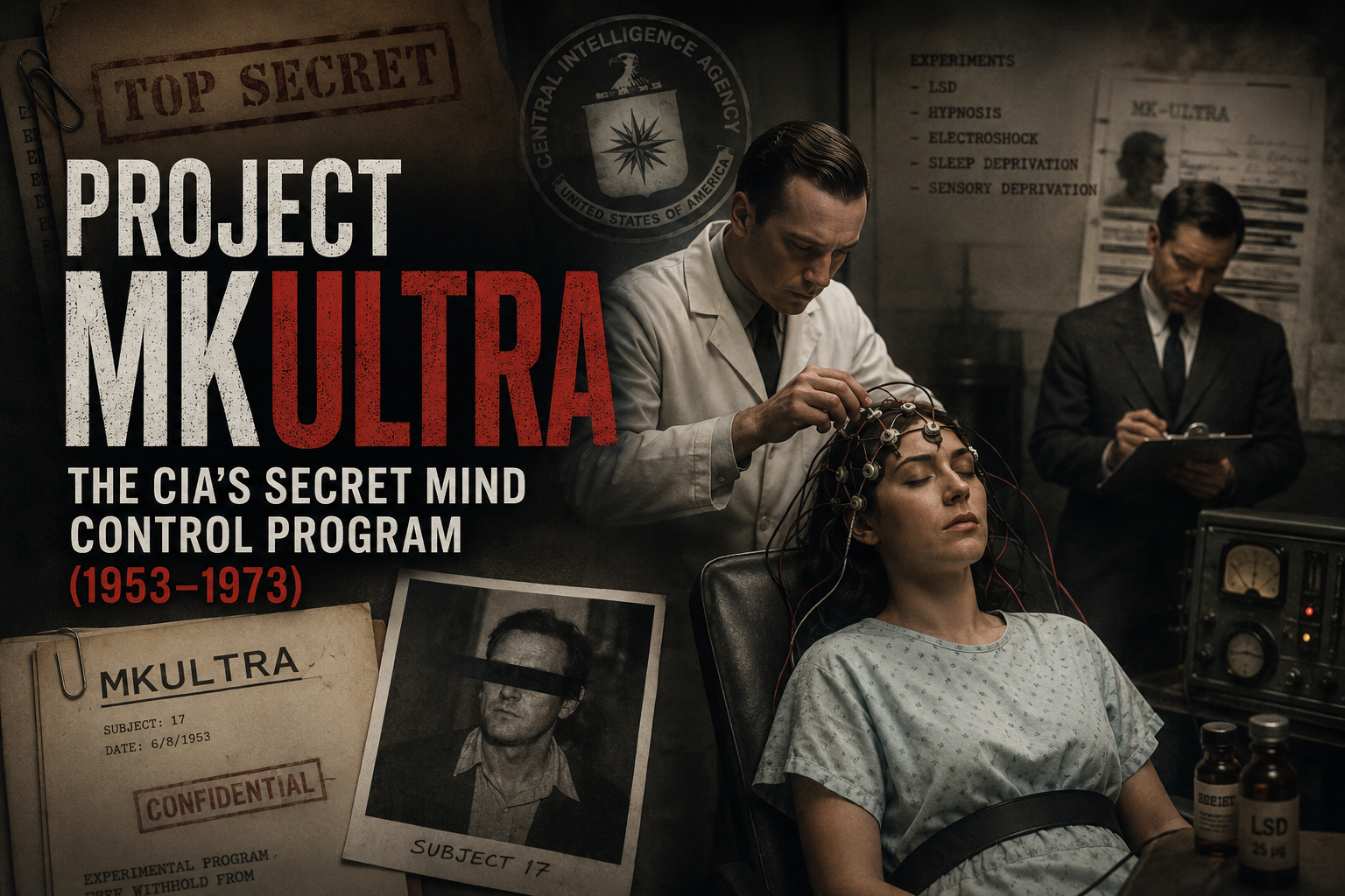Project MKUltra secret CIA mind control experiment recreated in a 1950s laboratory with researcher monitoring a test subject