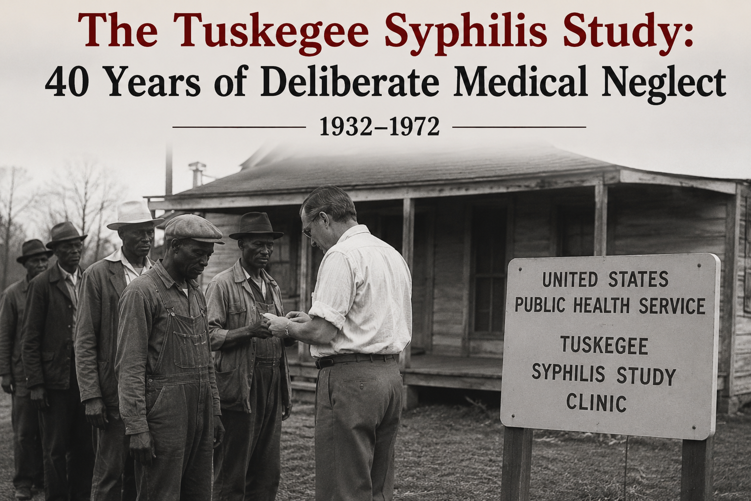 Historical illustration depicting the Tuskegee Syphilis Study, showing African American men waiting outside a rural medical clinic while a healthcare worker records information, symbolizing one of the most unethical medical studies in U.S. history.