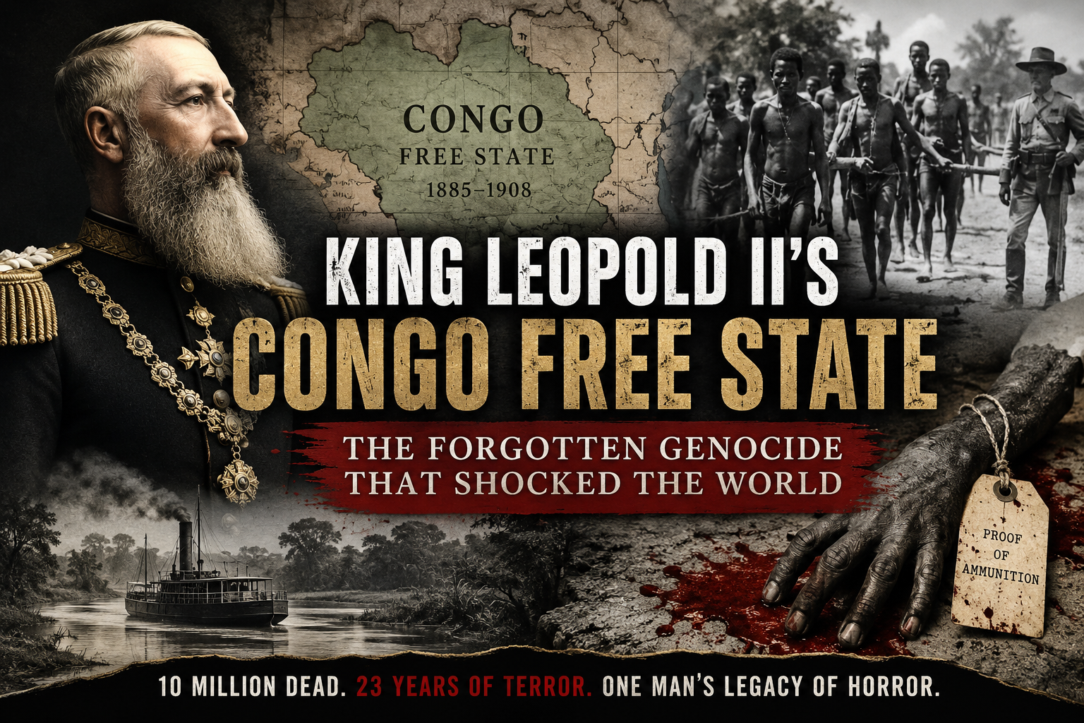 King Leopold II of Belgium and the Congo Free State, depicting the brutal colonial rule, forced labor, and humanitarian atrocities between 1885 and 1908.