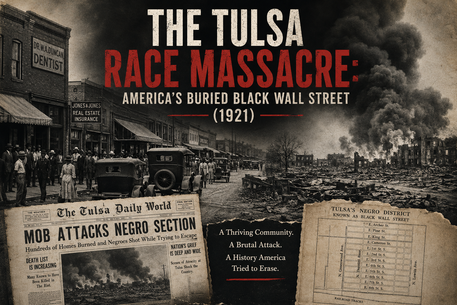 The Tulsa Race Massacre 1921 feature image showing Black Wall Street before and after the destruction, with burning buildings, smoke, historic newspaper, and Greenwood district map.