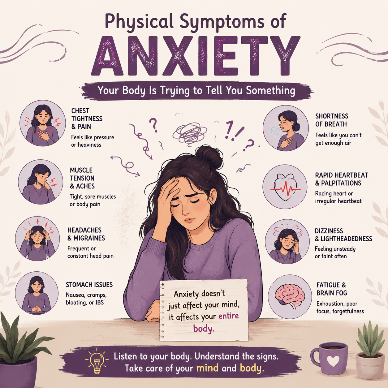 Infographic showing the physical symptoms of anxiety, including headaches, chest tightness, shortness of breath, stomach issues, muscle tension, fatigue, brain fog, and a racing heart.